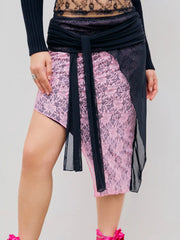 Middle Waist Lace Floral Bowknot Asymmetrical Midi Skirt