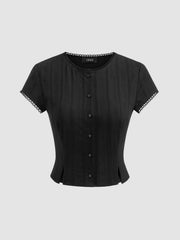Cotton-blend Round Neckline Solid Button Lace Trim Short Sleeve Top