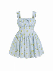 Striped Fruit Graphic Square Neck Knotted Ruffled Flared Mini Dress Curve & Plus