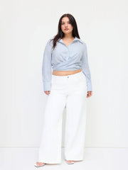Cotton-blend Polo Stripe Knotted Crop Shirt Curve & Plus
