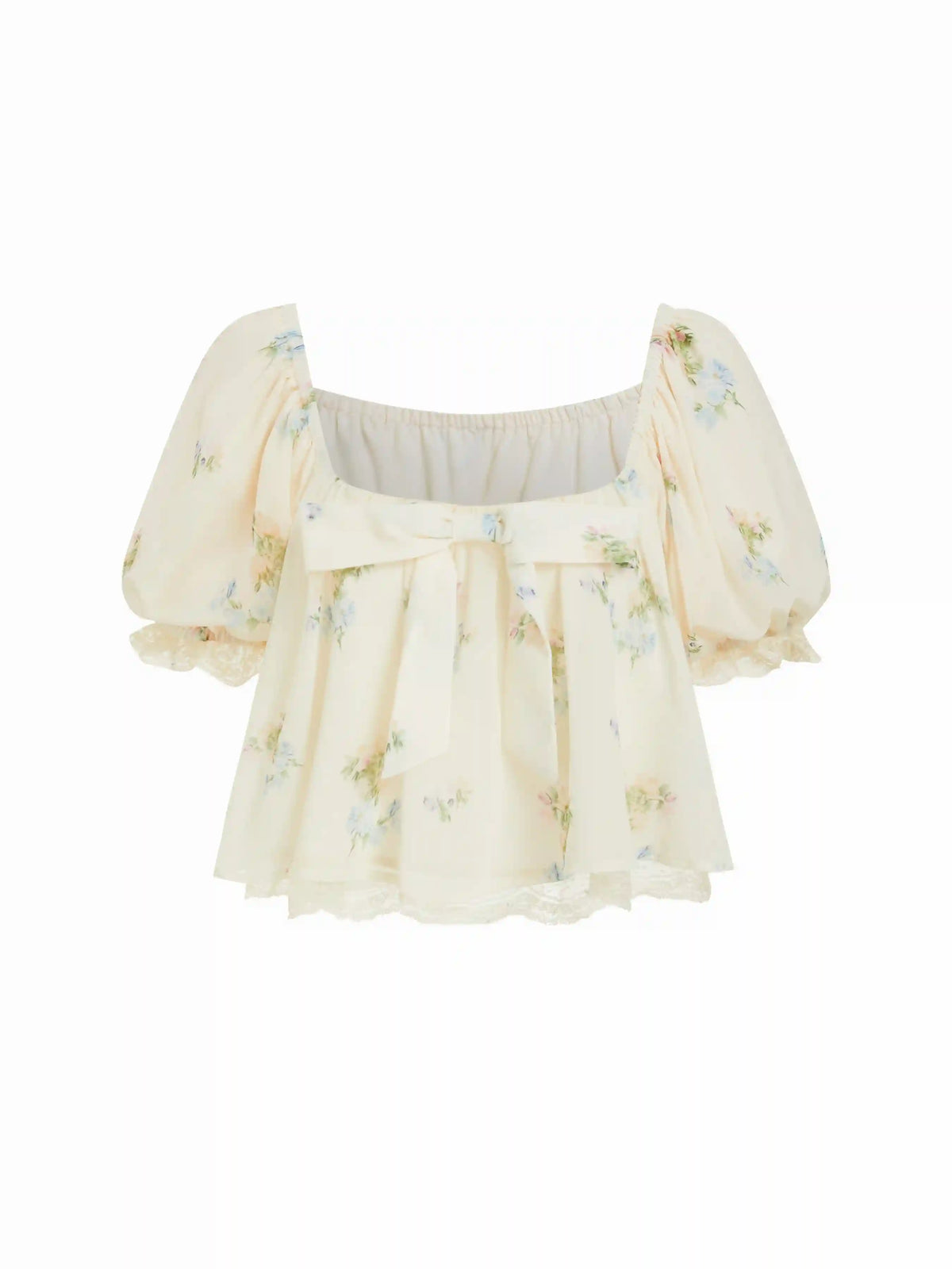 Chiffon Floral Bowknot Square Neck Puff Sleeve Oversized Crop Blouse