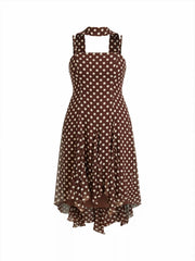 Chiffon Halter Neckline Polka Dot Ruffled Hem Ruched Maxi Dress Curve & Plus