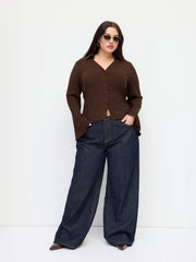 Collar Split Lettuce Trim Long Sleeve Top Curve & Plus
