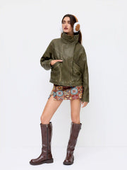 Faux Leather Collar Zip Through Oversized Jacket