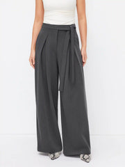 Mid Rise Pleated Tie Side Straight Leg Trousers