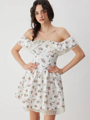 Floral Off-shoulder Ruffle Sleeve Lace Panel Babydoll Mini Dress