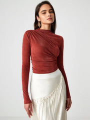 Stand Collar Ruched Long Sleeve Tee