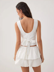 Cotton-blend Textured Boat Neck Bowknot Top & Mid Rise Layered Bubble Mini Skirt Set
