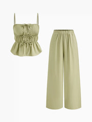 Linen-blend Bowknot Shirred Cami Top & Mid Rise Elastic Waist Trousers Set