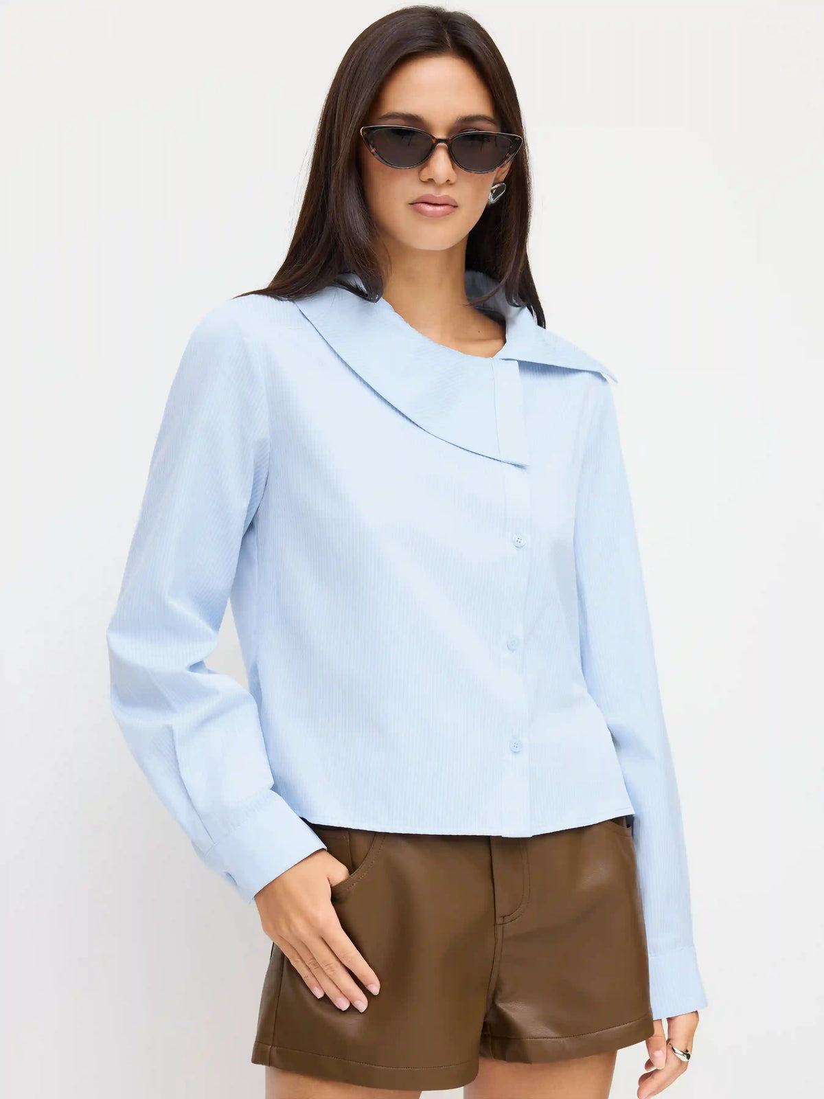Cotton-blend Funnel Collar Striped Shirt