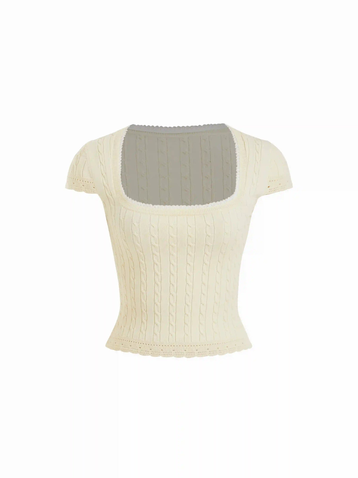 Cable Knit Square Neck Short Sleeve Lace Trim Top