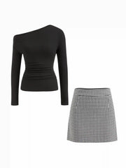 Asymmetrical Neck Ruched Long Sleeve Top & Mid Rise Gingham A-line Mini Skirt Set
