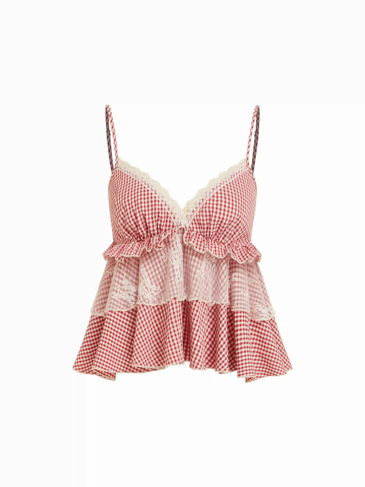 Gingham Sweetheart Lace Panel Ruffle Cami Top