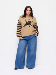 Knit Round Neckline Cat Striped Oversized Top Curve & Plus