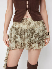 Mid Rise Leopard Ruffle Hem Layered Mini Skort
