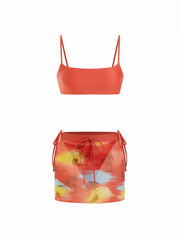 3 Piece Solid Knotted Bracelet Tie Side Bikini Set With Print Tie Dye Beach Skirt