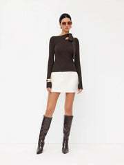 Knit Asymmetrical Neck Solid Knotted Long Sleeve Top