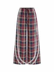 Cotton-blend High Rise Plaid Side Striped Lace Wide Leg Trousers