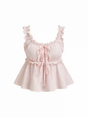 Cotton-blend Stripe Drawstring Ruffle Hem Tank Top & Low Rise Drawstring Trousers Loungewear Set