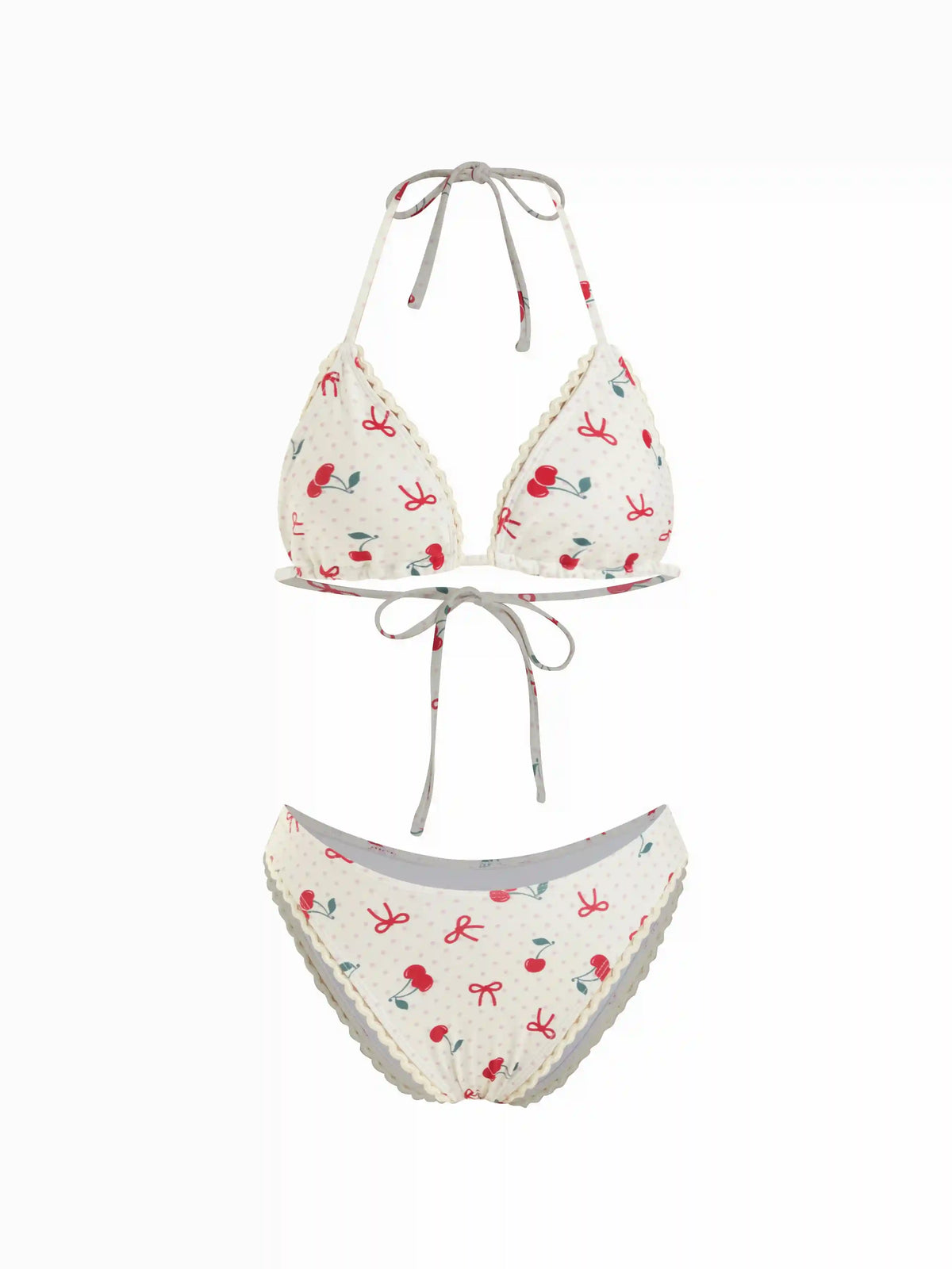 V-neck Check Cherry Graphic Contrasting Binding Halter Cheeky Bikini Swimsuit