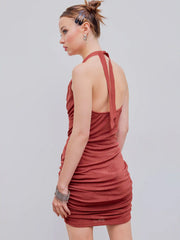 Halter Ruched Belted Solid Mini Dress