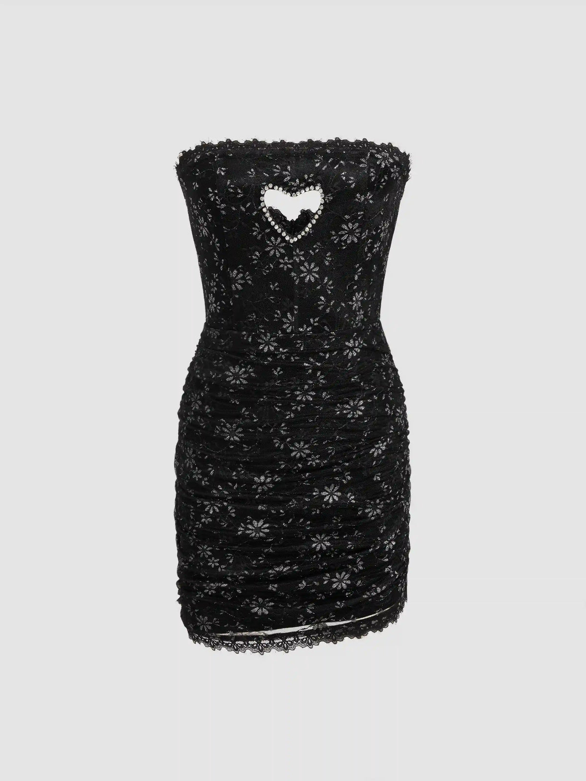 Lace Ruched Rhinestone Heart Cut Out Tube Mini Dress