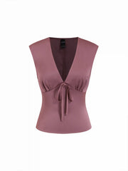 Satin V-Neck Ruched Bowknot Tank Blouse