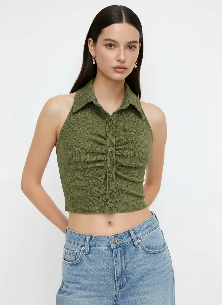 Solid Texture Collar Crop Top
