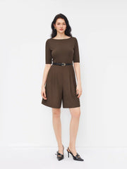 Boat Neck Mid-length Sleeve Romper With Belt