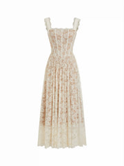 Lace Floral Square Neck Corset Flared Maxi Dress