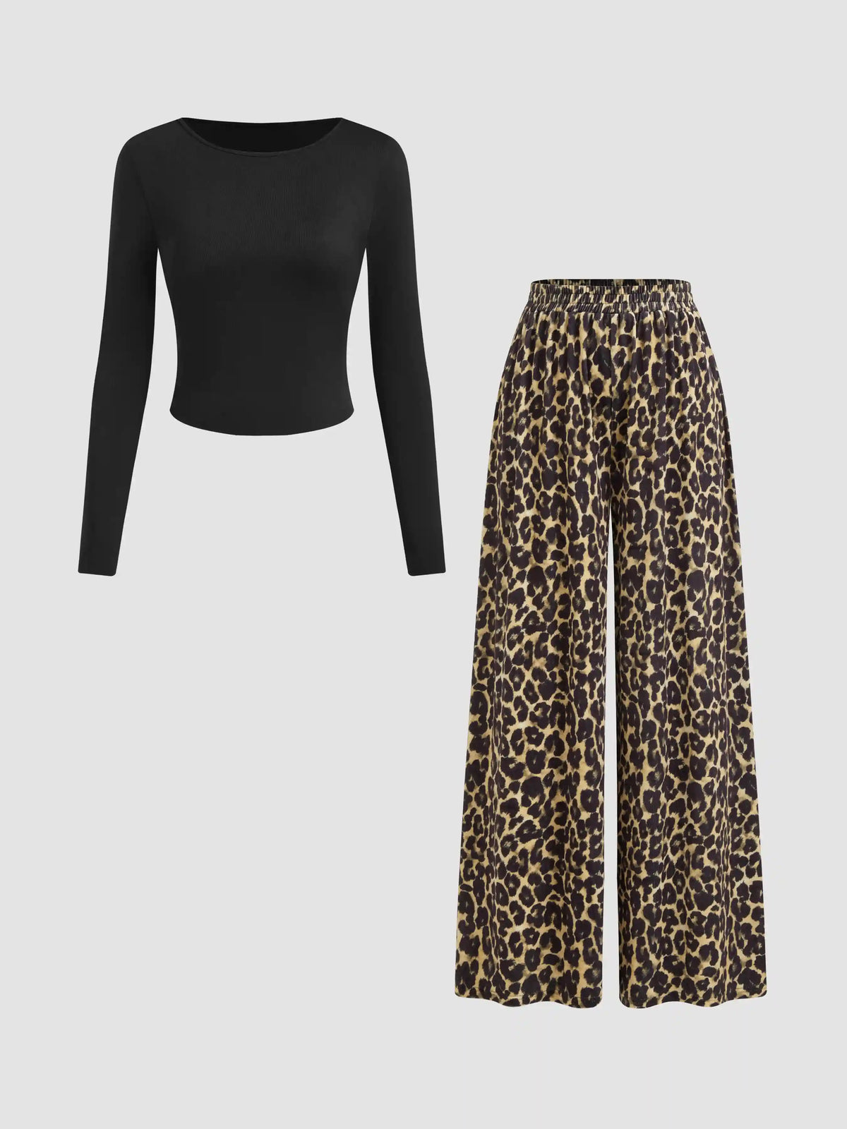 Round Neckline Long Sleeve Top & Mid Rise Leopard Elastic Waist Wide Leg Trousers Set