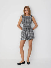 Cotton-blend Gingham Boat Neck Tie Shoulder Shirred Mid Rise Romper