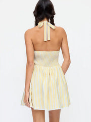 Cotton-blend Striped Sweetheart Neck Lace Trim Backless Flared Mini Dress