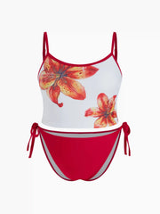 Square Neck Floral Contrasting Binding Tankini Tie Side Bikini Set Curve & Plus