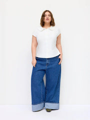 Cotton-blend Collar Lace Trim Button Front Tee Curve & Plus