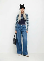 Cotton-blend Boat Neck Striped Star Appliques Tee