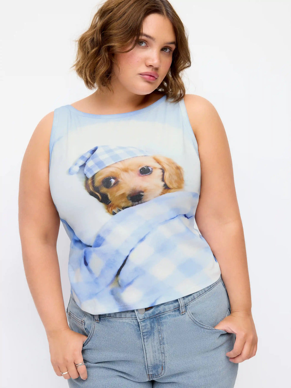 Cotton-blend Dog Graphic Checks Tank Top Curve & Plus