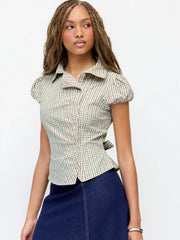 Cotton-blend Plaid Puff Sleeve Ruched Blouse