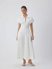 Short Sleeve Draped Pocket Flared Maxi Dress