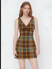 Tweed V-neck Tartan Bowknot Mini Dress