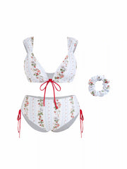 Strawberry Floral V-Neck Tie Front Bracelet Bikini Set With Scrunchie Curve & Plus