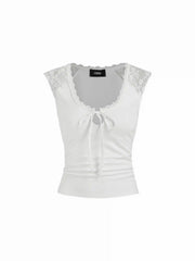 Cotton-blend Scoop Neck Lace Panel Tie-front Tank Top