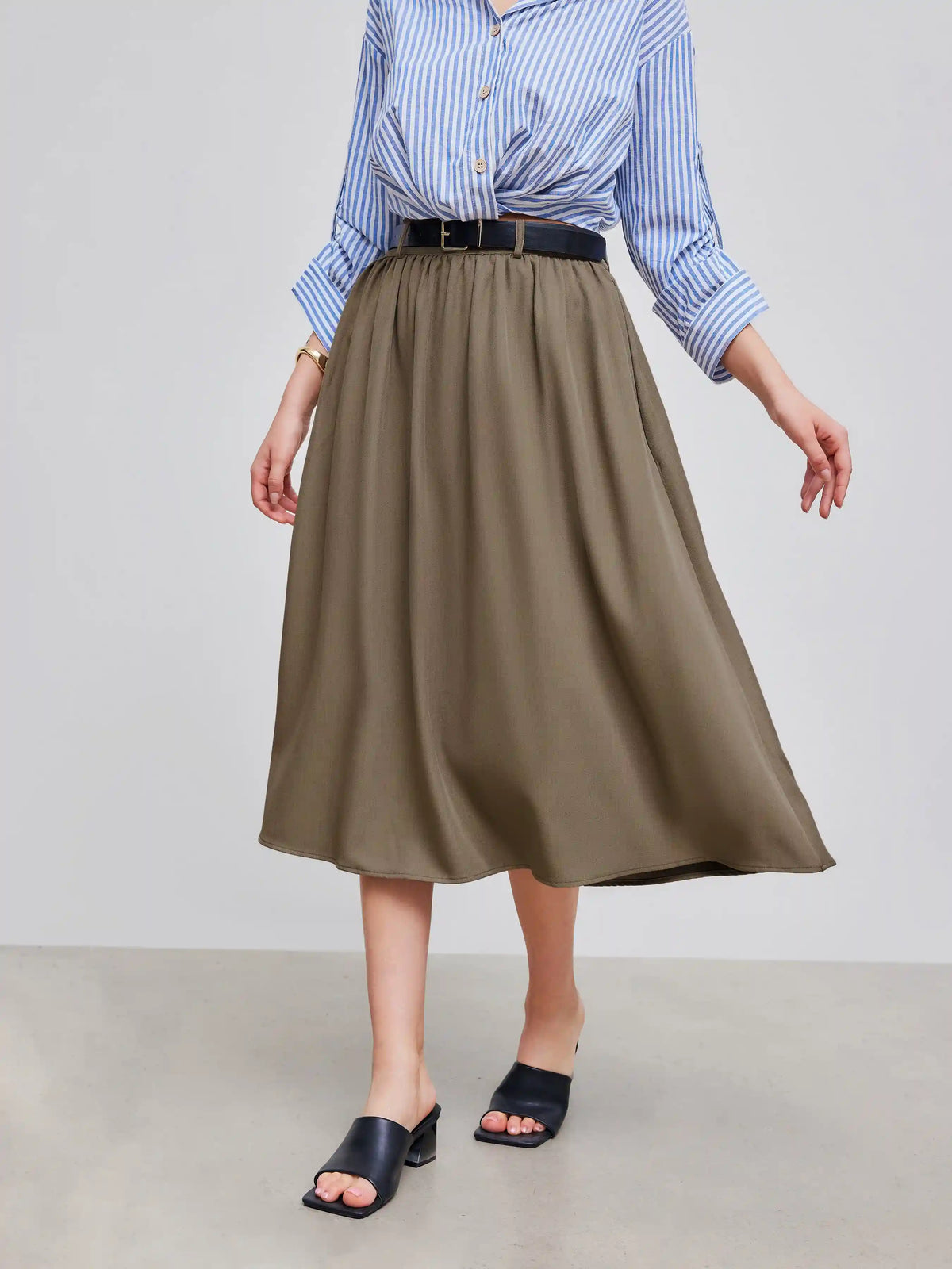 High Waist Solid Belted Maxi Skirt