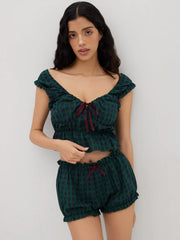 Cotton-blend Tartan Tank Top & Low Rise Tartan Bowknot Bloomer Shorts