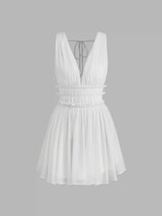 V-neck Knotted Shirred Mini Dress