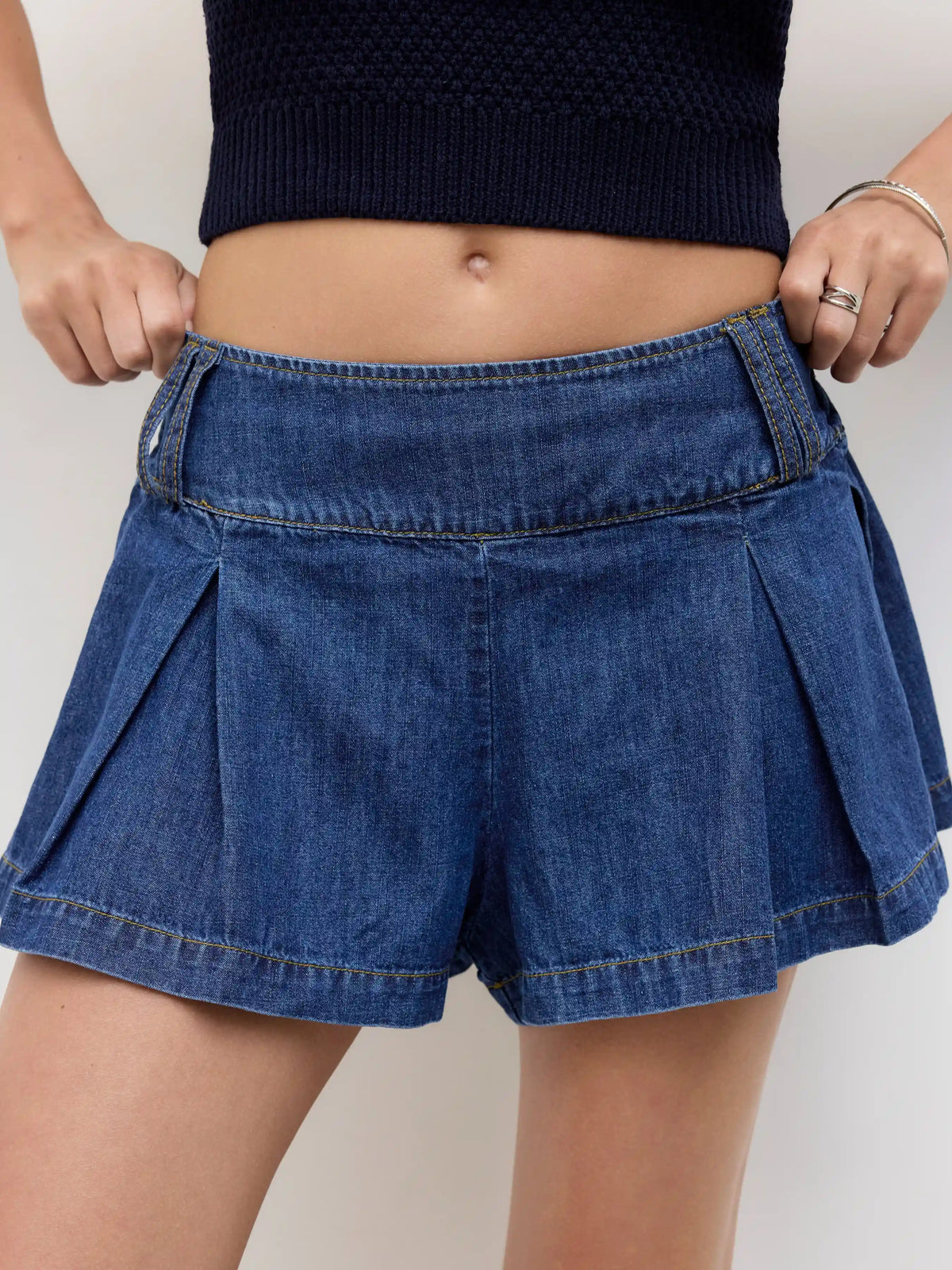 Denim Low Rise Elastic Waist Pleated Mini Skort