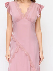 Satin V Neck Ruffle Sleeve Lace Maxi Dress