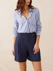 Linen-blend Long Sleeve Striped Color-Blocking Shirt Bodysuit