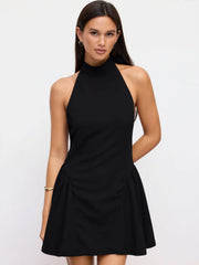 Halter Neck Knotted Backless Ruffle Mini Dress