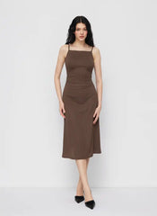 Square Neck Ruched Midi Slip Dress
